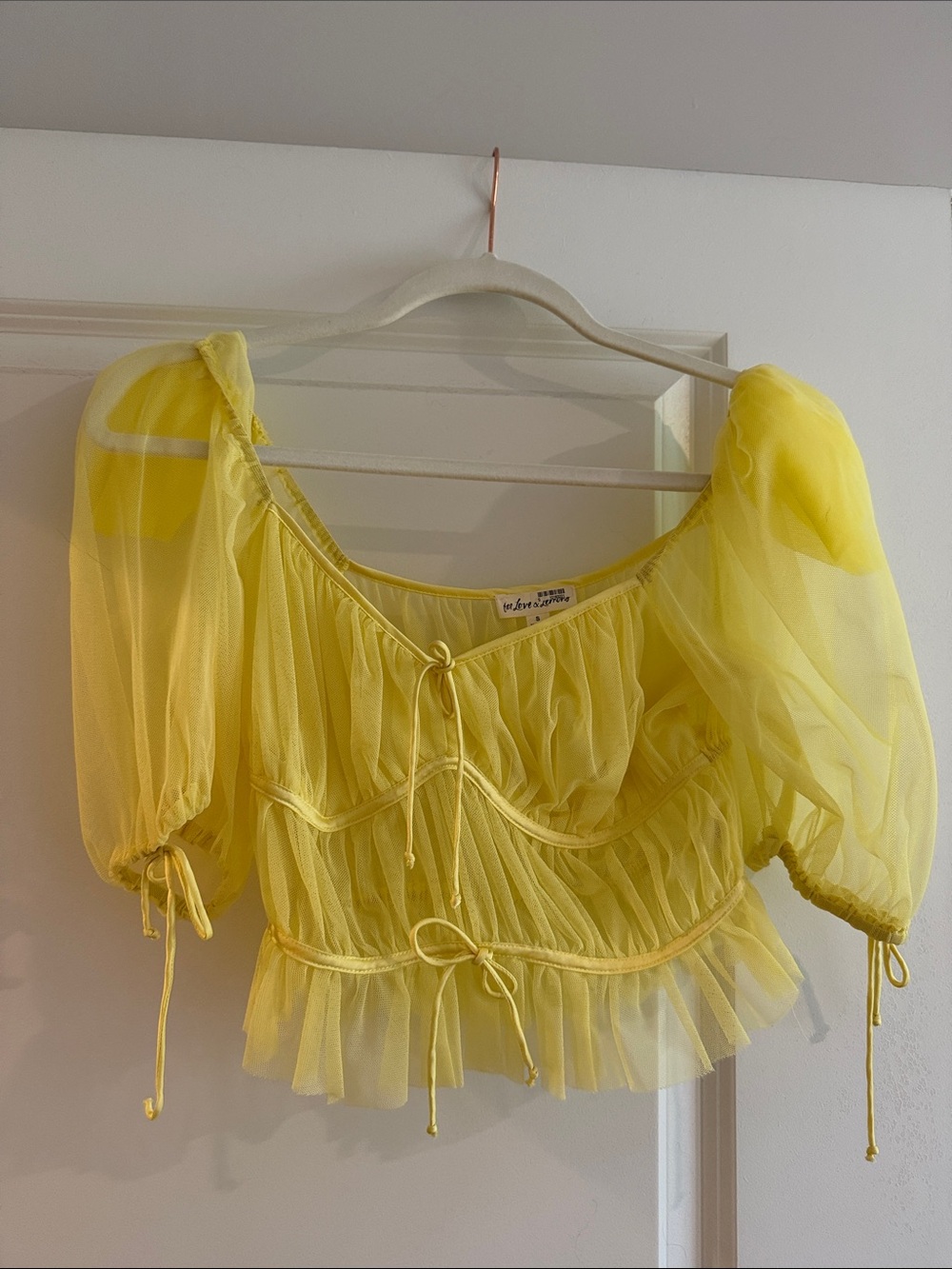 For Love & Lemons Yellow Sheer Puff-Sleeve Crop Top